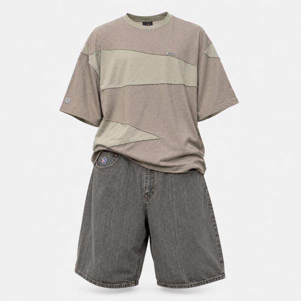 G-Unit Outfit Mens 2XB/40 Tan Gray Patchwork Tee Baggy Jean Shorts Y2K Hip Hop